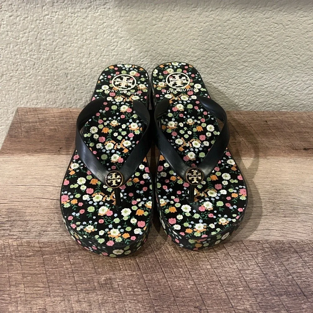 Tory Burch‎ Black Floral Wedge Sandals, NWOT